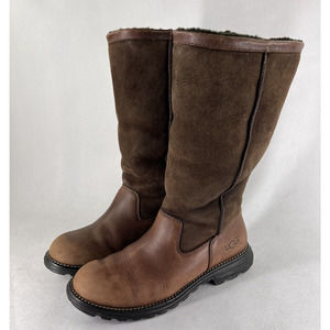 Ugg Australia Womens 8M Brooks Leather Sheepskin Tall Warm Shearling Boot Brown